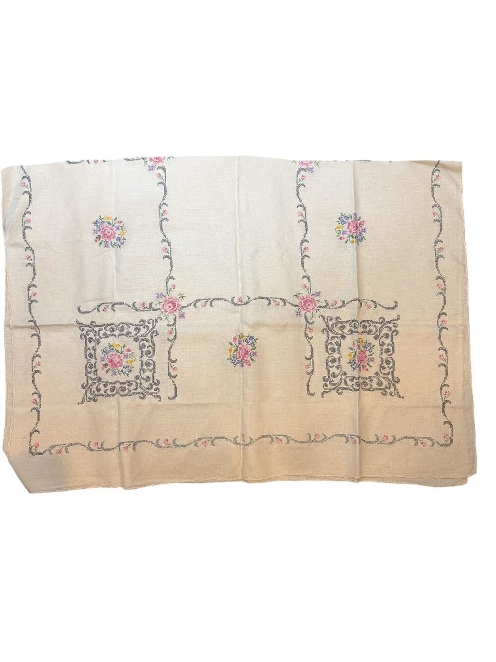 Vintage Cross Stitch Embroidery Floral Handmade Tablecloth With 5 Matching Napki